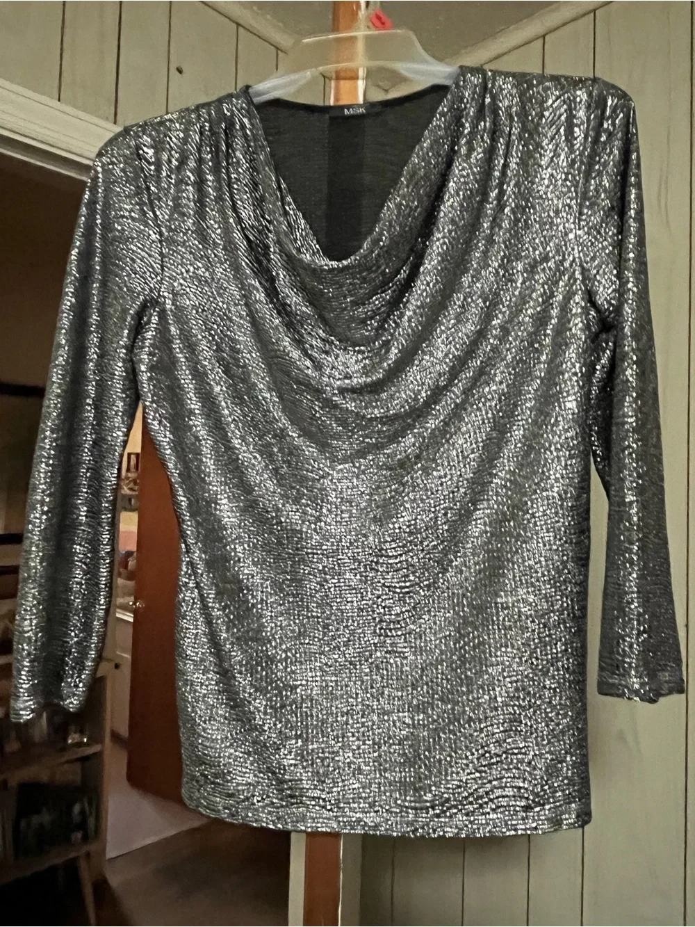 Metallic Silver Cowl Neck Women's Top